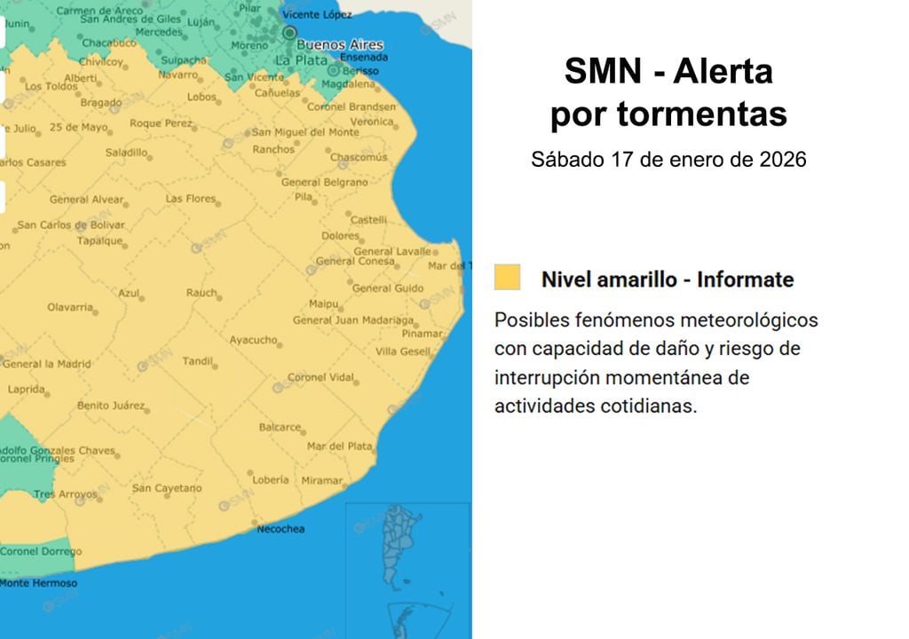 Alerta del SMN de nivel AMARILLO por tormentas de variada intensidad, algunas fuertes, especialmente durante la tarde y noche de hoy sábado 17 de enero