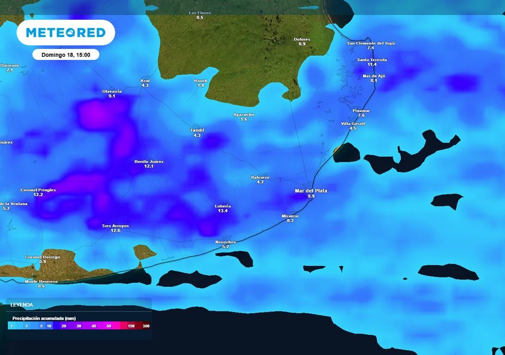 Mapa de precipitación acumulada para las próximas 36 h. Salvo las localidades más al sur, la mayoría de los balnearios bonaerenses están bajo alerta amarilla por tormentas durante toda la tarde y noche de hoy sábado.