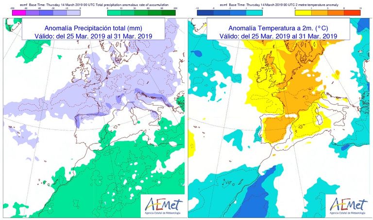 Anomalías de temperatura y precipitación para finales de marzo Anomalías de temperatura y precipitación para finales de marzo