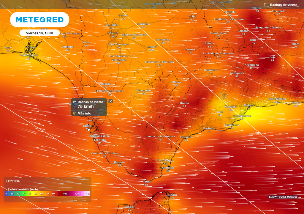 A lo largo del día podrá haber rachas superiores a los 70 km/h en varias ocasiones en la capital gaditana.