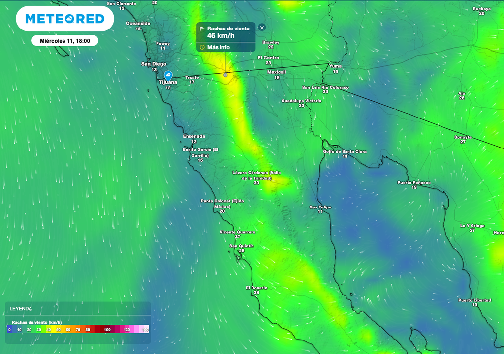 Durante la tarde, viento de dirección variable de 40 km/h en la región con rachas de 45 a 50 km/h en Baja California.