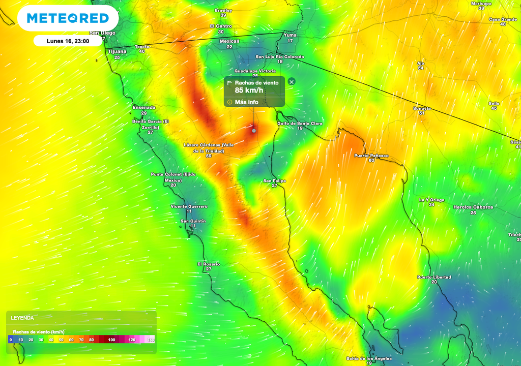 Durante la tarde-noche, el viento será de dirección norte con hasta 50 km/h en la región, con rachas de 60 a 80 km/h en gran parte de Baja California.