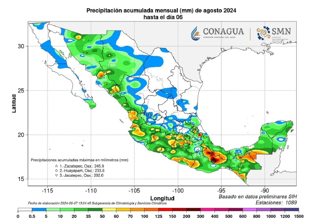 Lluvias acumuladas hasta el 7 de agosto de 2024 Lluvias acumuladas hasta el 7 de agosto de 2024