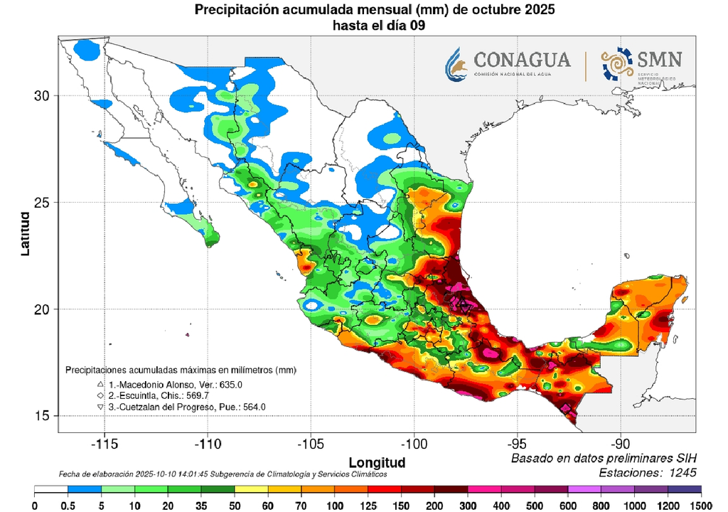 Acumulado de lluvias mensual hasta el 9 de octubre. SMN/CONAGUA Acumulado de lluvias mensual hasta el 9 de octubre. SMN/CONAGUA
