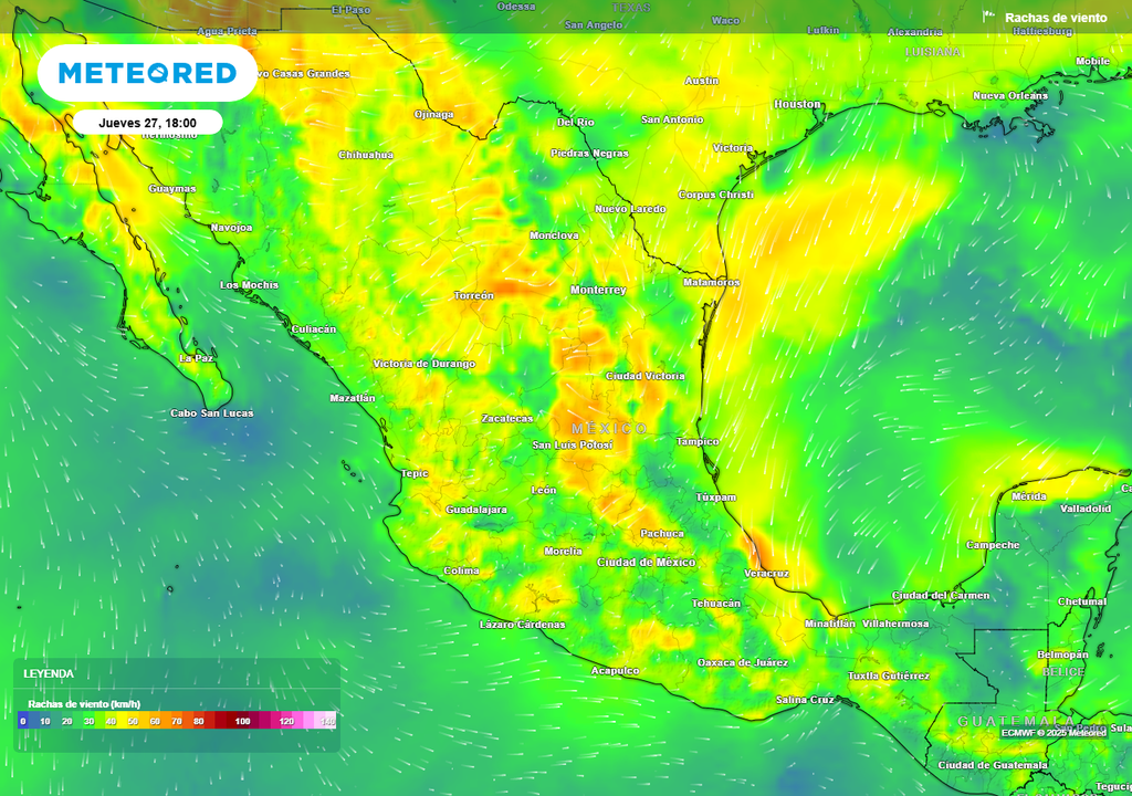 Pronóstico de ráfagas de viento en km/h