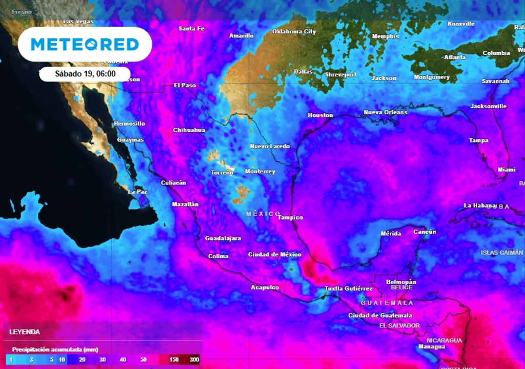 Pronóstico de lluvia acumulada para las próximas 96 horas en México.