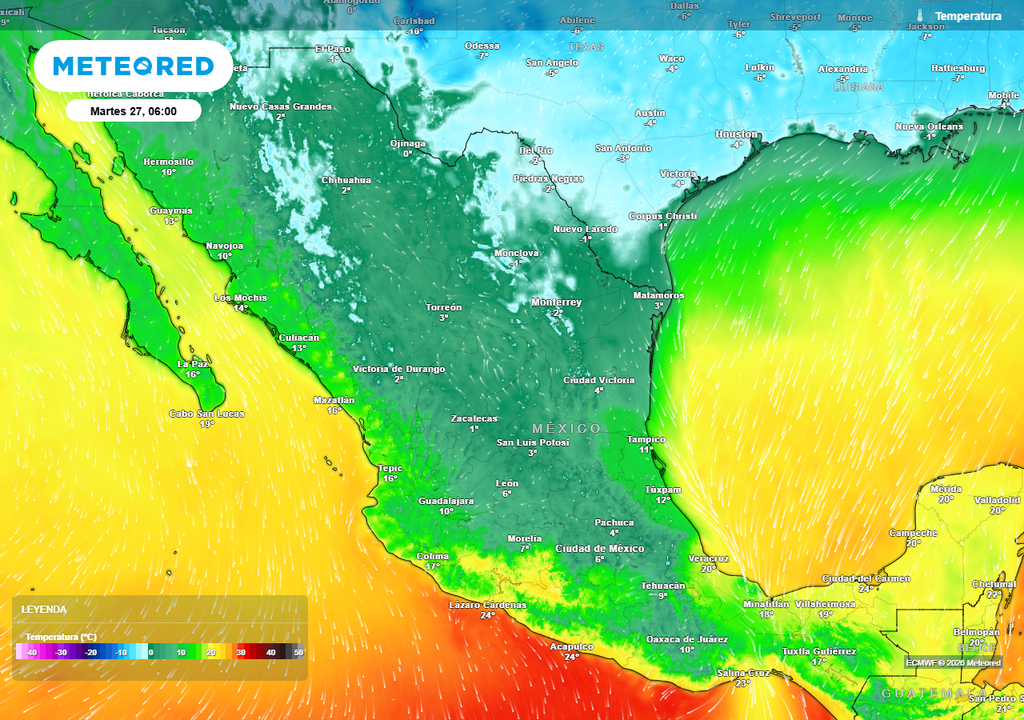 Pronóstico de temperaturas en grados Celsius Frío ártico de -15 a 0°C dominando estados del norte y parte del centro iniciando la semana, mientras el calor sigue en el Pacífico.