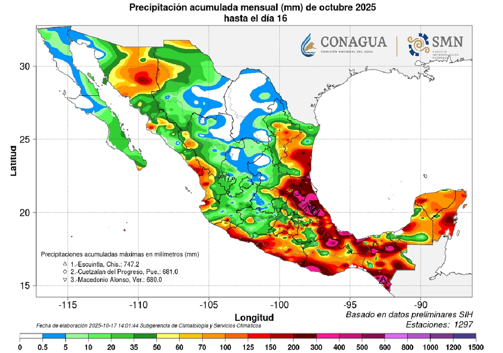 Acumulado de lluvias hasta el 16 de octubre de 2025. CONAGUA-SMN Acumulado de lluvias hasta el 16 de octubre de 2025. CONAGUA-SMN