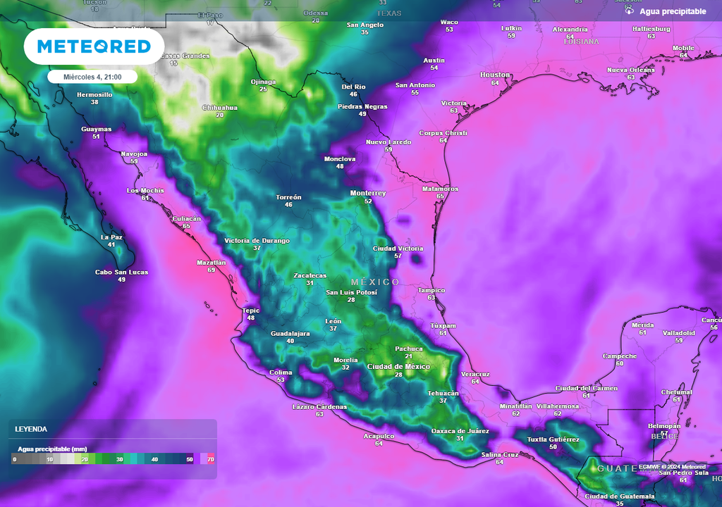 Pronóstico de agua precipitable en milímetros Pronóstico de agua precipitable en milímetros