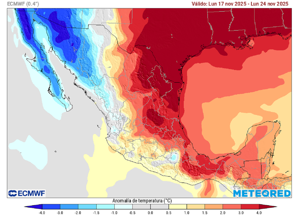 Anomalía semanal de temperaturas en grados Celsius