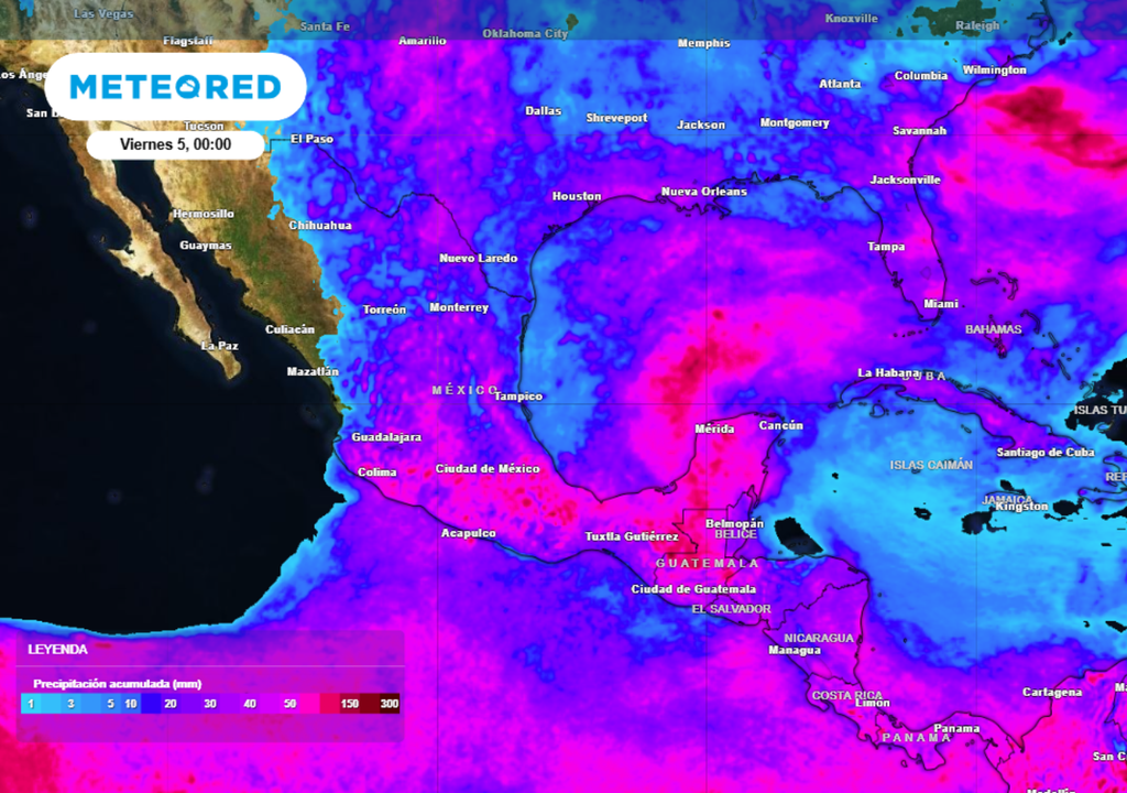 Pronóstico de lluvia acumulada para las próximas 96 horas en México.