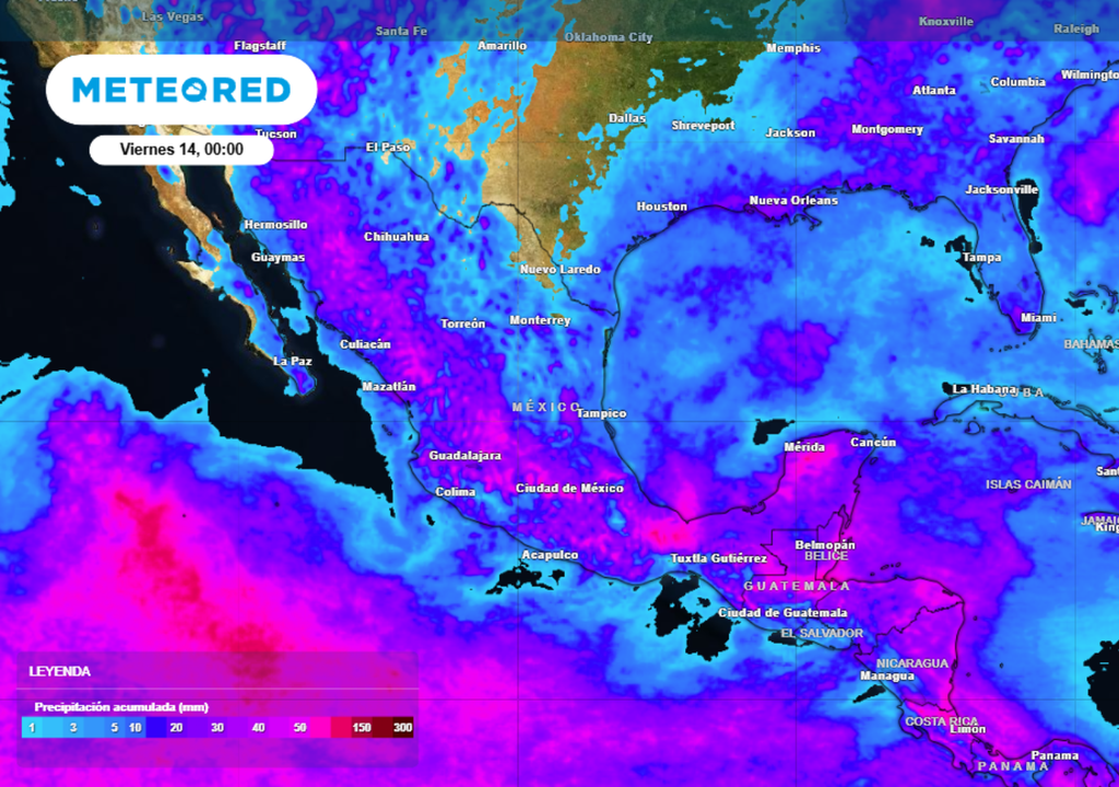 Pronóstico de lluvia acumulada para las próximas 96 horas en México.