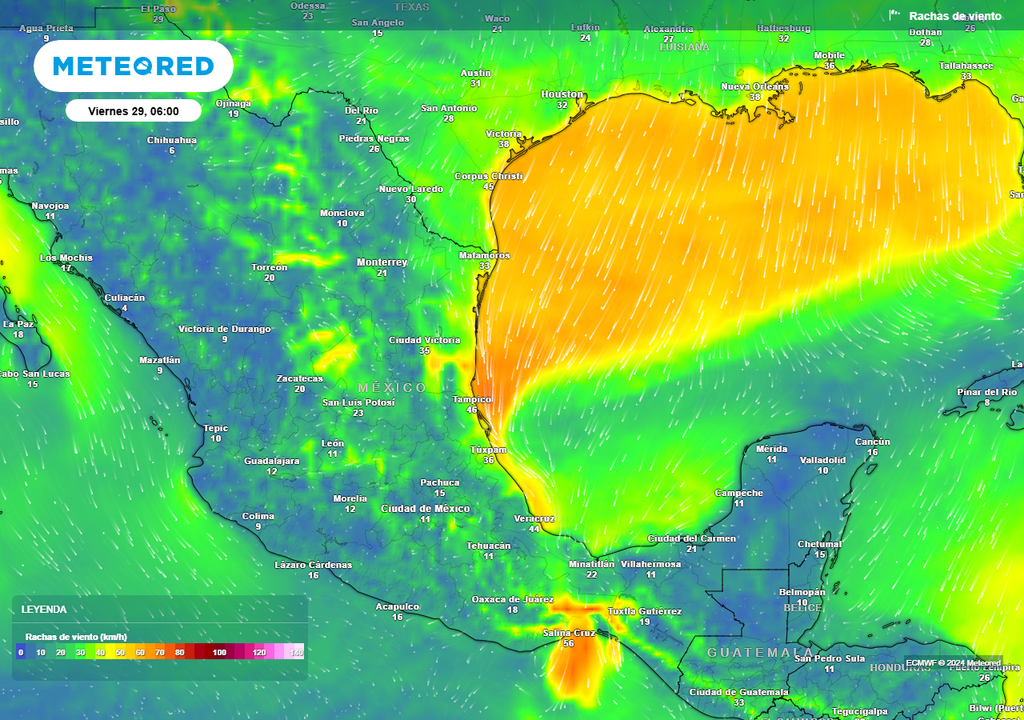 Pronóstico de ráfagas de viento en km/h
