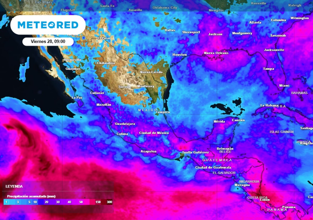 Pronóstico de lluvia acumulada para las próximas 96 horas en México.
