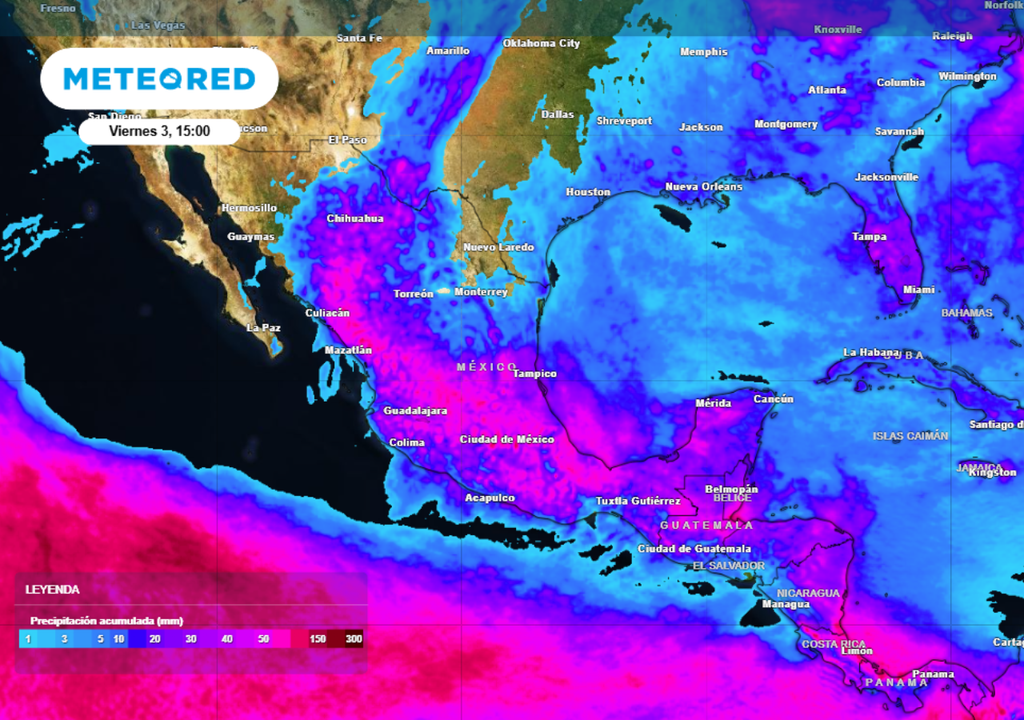 Pronóstico de lluvia acumulada para las próximas 96 horas en México.