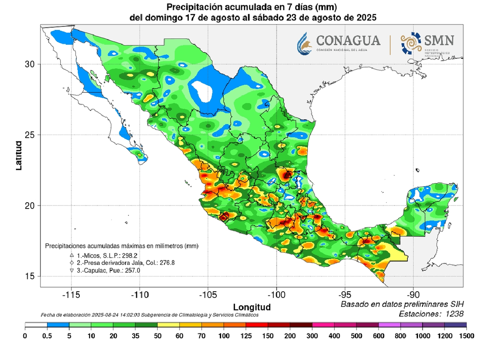Acumulado de lluvias del 17 al 23 de agosto. SMN-CONAGUA