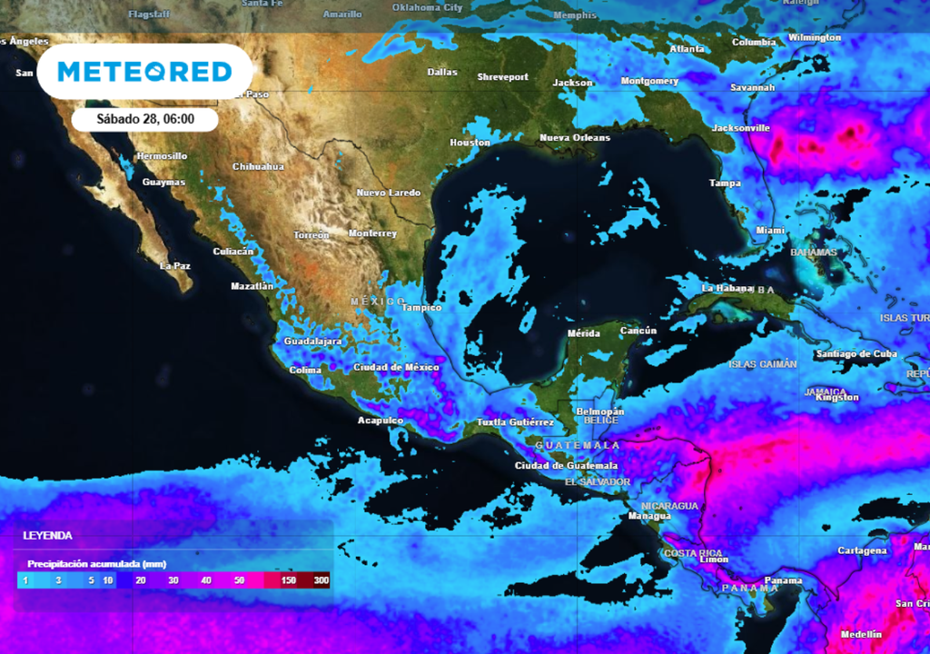 Pronóstico de lluvia acumulada para las próximas 96 horas en diversas entidades de México.