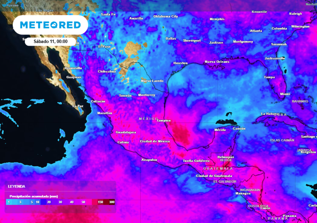 Pronóstico de lluvia acumulada para las próximas 96 horas en México.