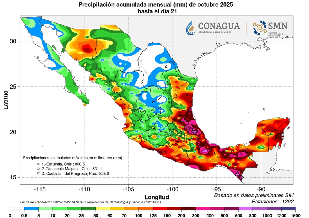 Acumulado de lluvias hasta el 21 de octubre de 2025. SMN-CONAGUA Acumulado de lluvias hasta el 21 de octubre de 2025. SMN-CONAGUA