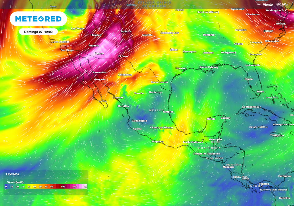 Pronóstico de vientos en niveles medios 5 km por encima de la superficie