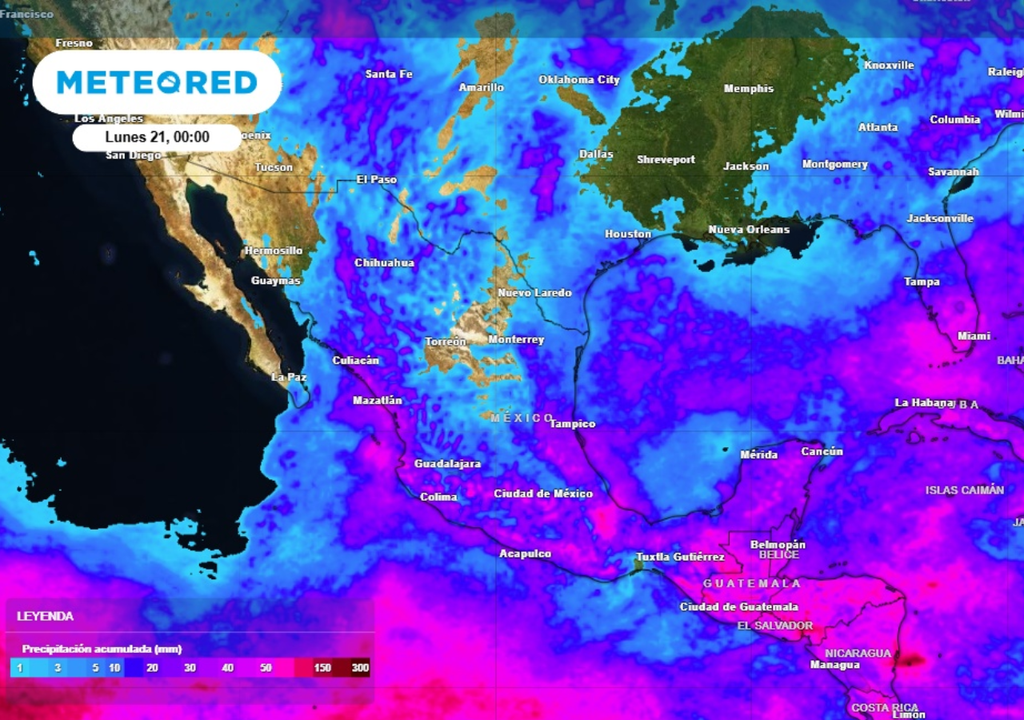 Pronóstico de lluvia acumulada para las próximas 96 horas en México.