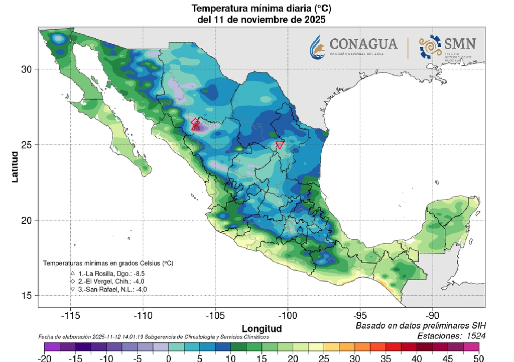 Temperaturas mínimas registras 11 de noviembre 2025. SMN-CONAGUA