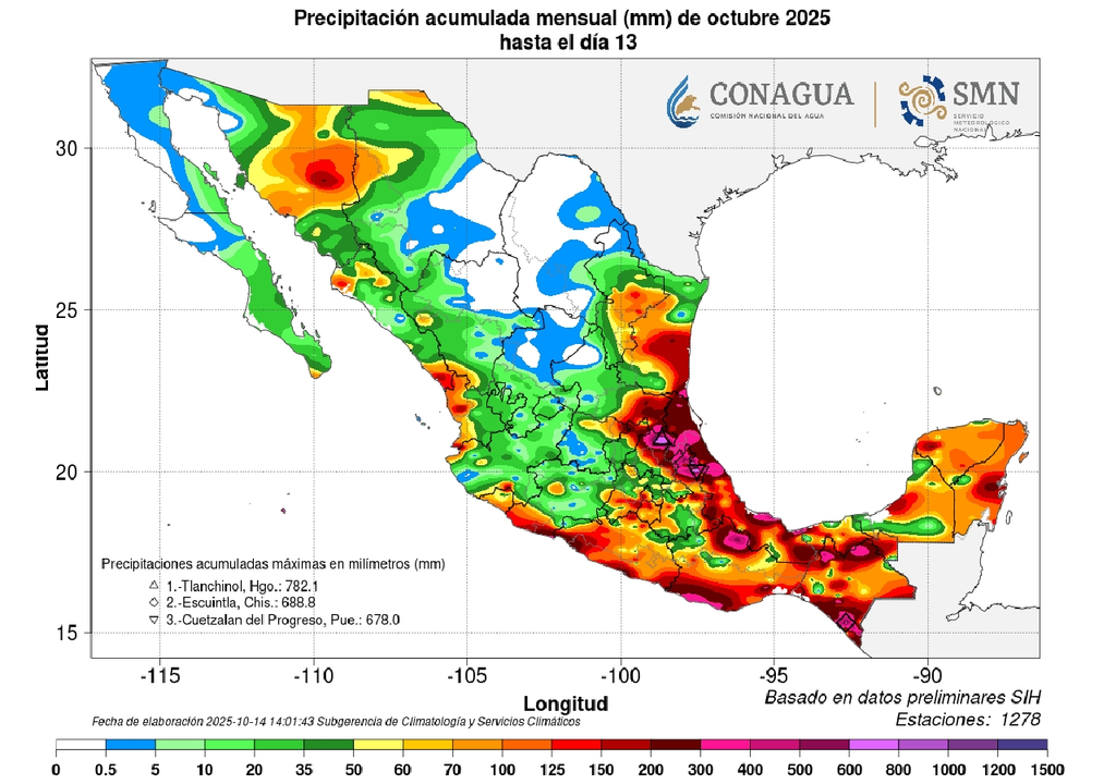 Lluvias acumuladas hasta el 13 de octubre de 2025. CONAGUA SMN Lluvias acumuladas hasta el 13 de octubre de 2025. CONAGUA SMN