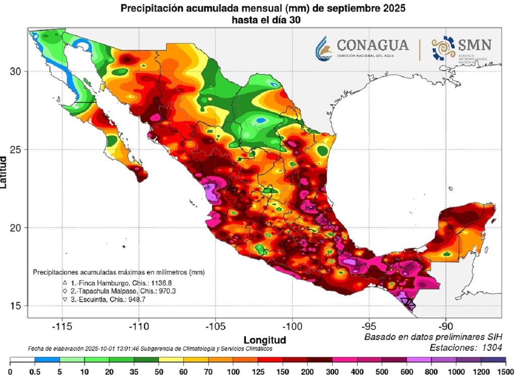 Acumulado de lluvias en septiembre. CONAGUA-SMN