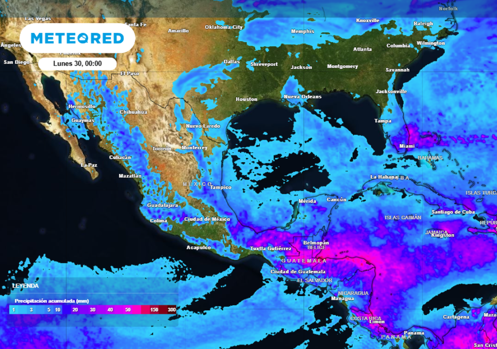Pronóstico de lluvia acumulada para las próximas 96 horas en gran parte de México.