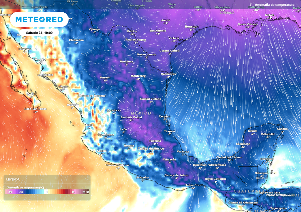 Frío ártico comenzará el viernes en el norte-noreste, llegando al centro, oriente y sureste sábado a domingo con tardes de 5-15°C y amaneceres de hasta -15 °C; cencelladas en montañas.