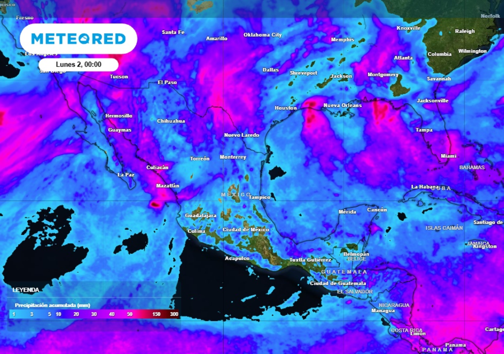 Pronóstico de lluvia acumulada para las próximas 96 horas en México.