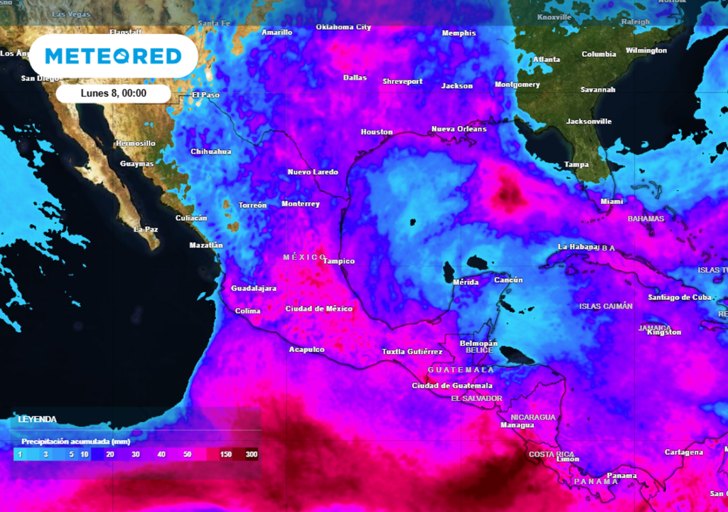 Pronóstico de lluvia acumulada para las próximas 96 horas en México.
