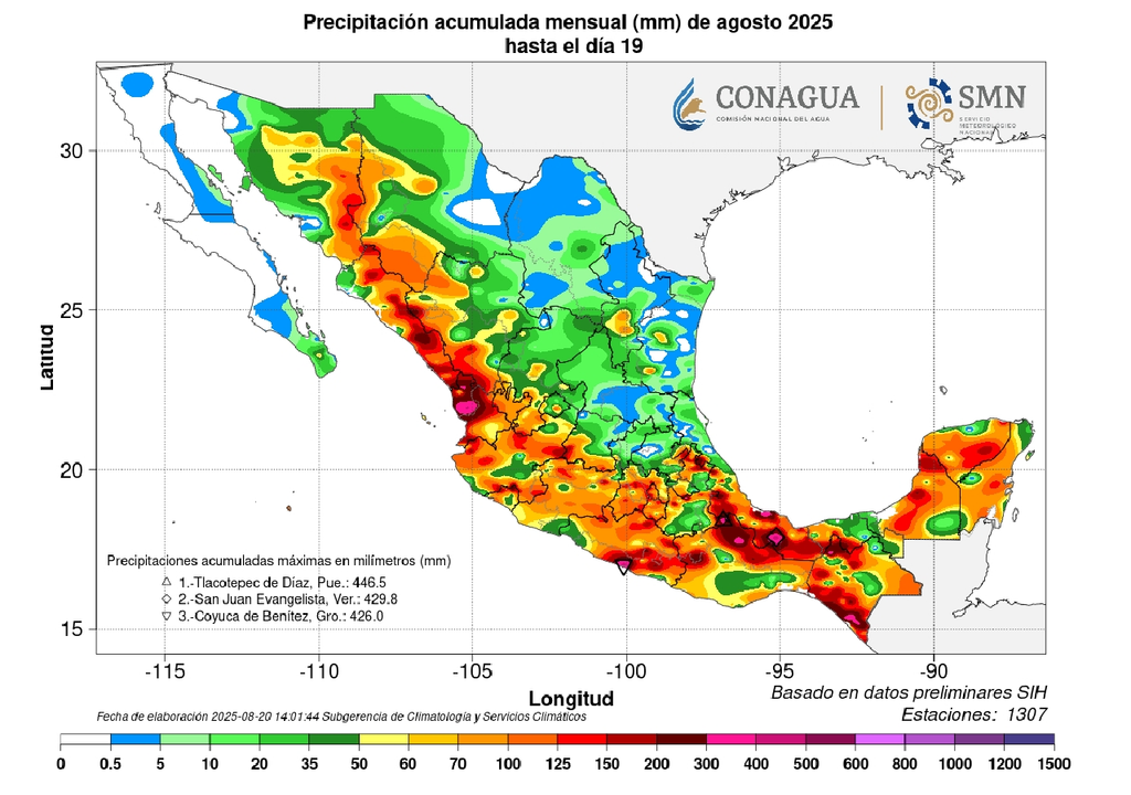 Acumulado de lluvias hasta el 19 de agosto. SMN - CONAGUA