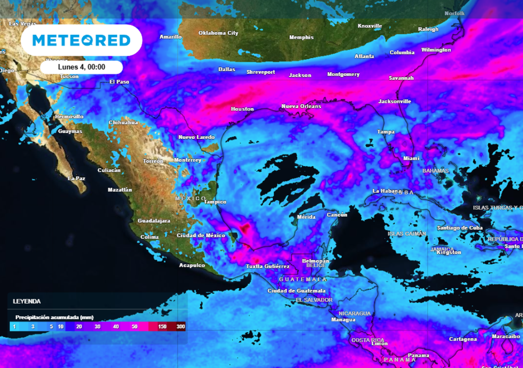 Pronóstico de lluvia acumulada para las próximas 96 horas en México.