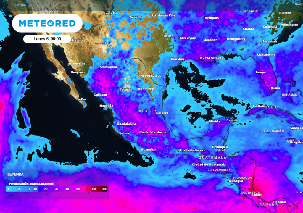 Pronóstico de lluvia acumulada para las próximas 96 horas en México.