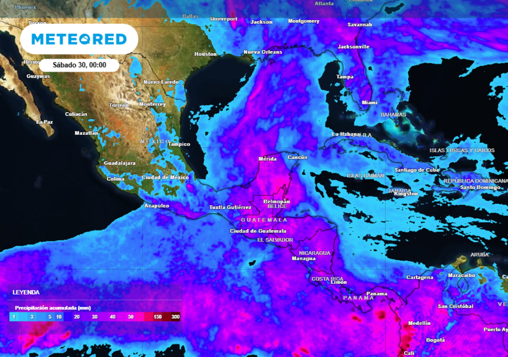 Pronóstico de lluvia acumulada para las próximas 96 horas en México.