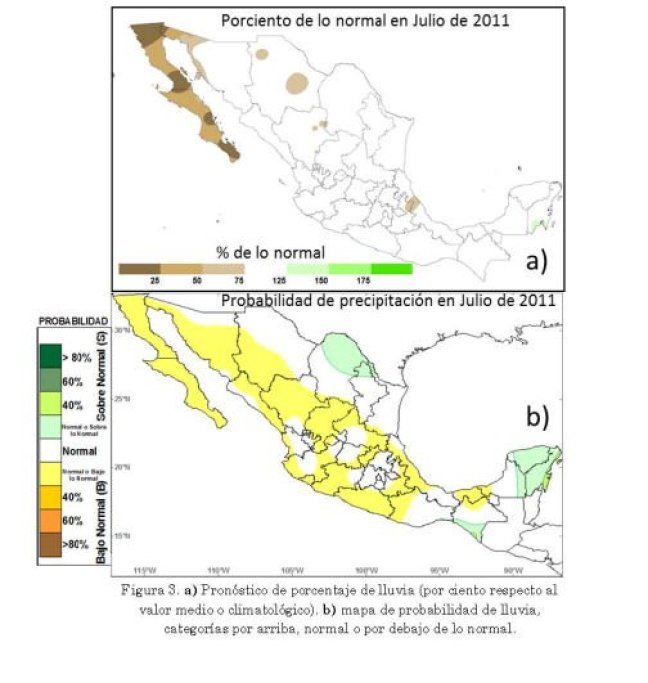 El Tiempo En México Para Este Verano 2011: Un Adelanto III. Pronóstico de precipitación: JULIO DE 2011.En Julio el país capta una lámina promedio de lluvia de 139 mm. La mayor concentración se presenta en la vertiente del Golfo de México, Centro, Sur, Sureste, Península de Yucatán y el Occidente. IV. Pronóstico de precipitación: AGOSTO DE 2011.En Agosto el país capta una lámina promedio de lluvia de 136 mm. La mayor distribución se presenta en la vertiente del Golfo de México, Centro, Sur, Sureste, Península de Yucatán y el Occidente.Se pronostican probabilidades de precipitación de normales a por debajo de lo normal en la mayor parte del territorio nacional, a excepción de regiones localizadas en el Altiplano Central, con probabilidades de lluvia de normales a por arriba de lo normal (Fig. 4).
