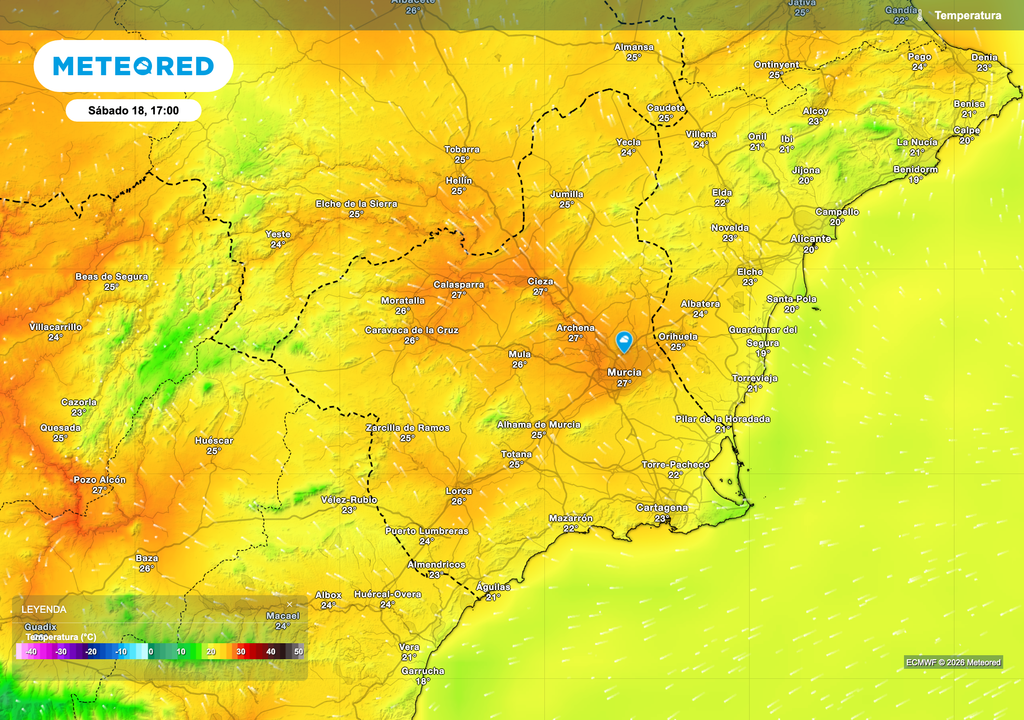 Temperaturas máximas previstas por el modelo europeo para este próximo sábado en el sureste.