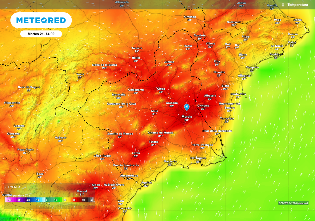 Ambiente térmico potencialmente veraniego a principios de la semana que viene. En el mapa, máximas previstas para el martes a las 14:00.