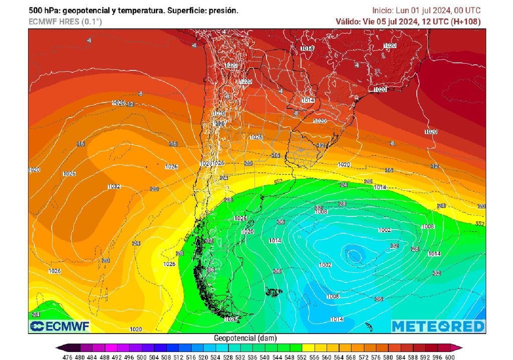 Altura geopotencial en 500 hectopascales ECMWF