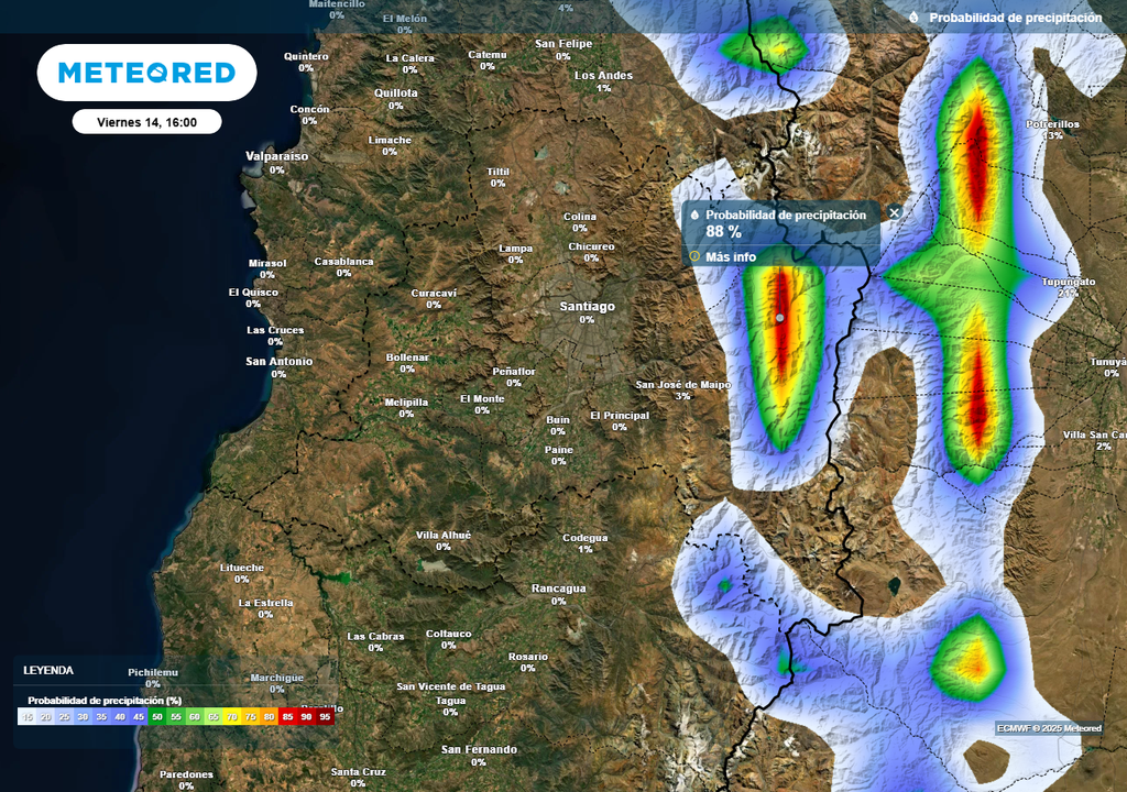 Probabilidad de precipitación (%), Santiago, Meteored Chile