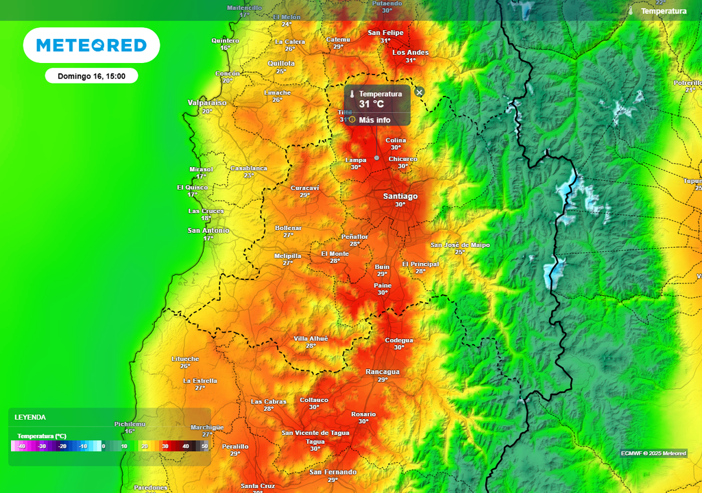 Temperatura máxima, domingo 16 de marzo, Santiago, Meteored Chile