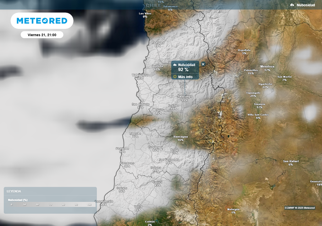 Nubosidad, ECMWF, Chile, Santiago, Región Metropolitana, viernes 21 de febrero 2025