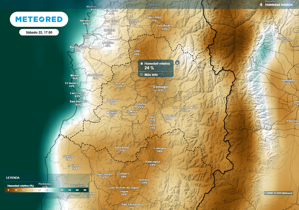 Humedad relativa, ECMWF, Chile, Santiago, Meteored, sábado 22 de febrero 2025