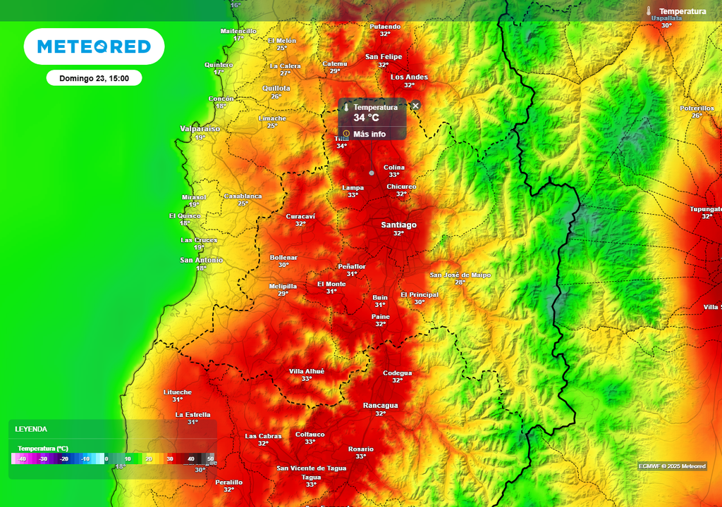 Temperatura, ECMWF, Chile, Santiago, Meteored, domingo 23 de febrero 2025