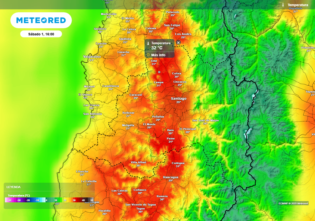 Temperatura máxima sábado 01 de marzo 2025, Chile, Santiago Temperatura máxima sábado 01 de marzo 2025, Chile, Santiago