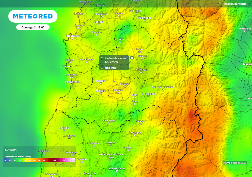 Rachas de viento ECMWF, Santiago, Chile, domingo 02 de marzo Rachas de viento ECMWF, Santiago, Chile, domingo 02 de marzo