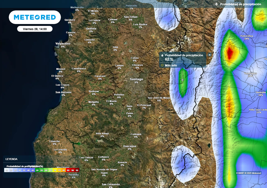 Probabilidad de precipitación, ECMWF, Santiago, Chile Probabilidad de precipitación, ECMWF, Santiago, Chile