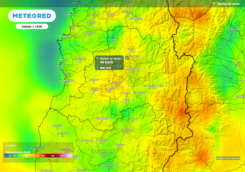 Rachas de viento, ECMWF, Santiago, Chile, Meteored