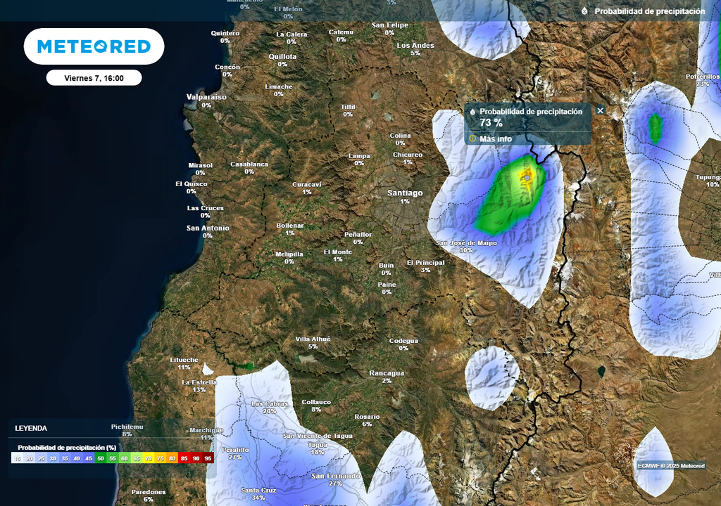 Probabilidad de precipitación, Santiago de Chile, Meteored, viernes 07 de marzo 2025